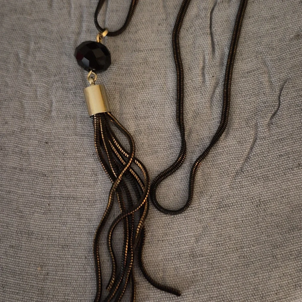 LOFT  Boho Long Tassel Black Crystal Bead Pendant Sweater Necklace 30